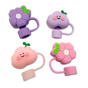 Floral Cloud Pastel Silicone Straw Cover Toppers 4 Piece Set 10mm Straws Kawaii